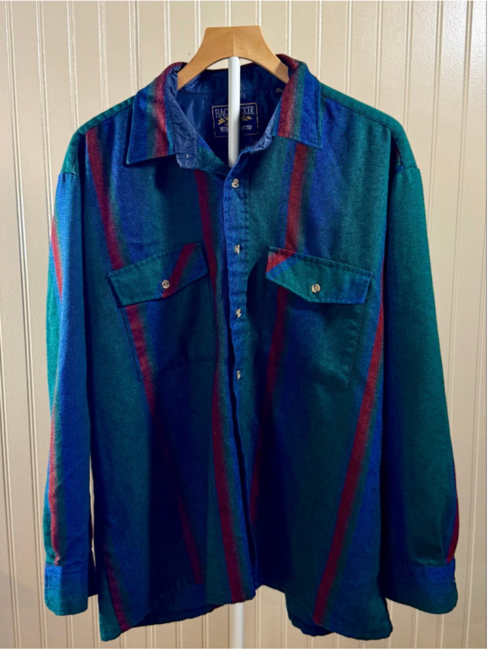 Vintage Backpacker Flannel Shirt XL Teal Blue Red Striped Heavyweight Outdoor